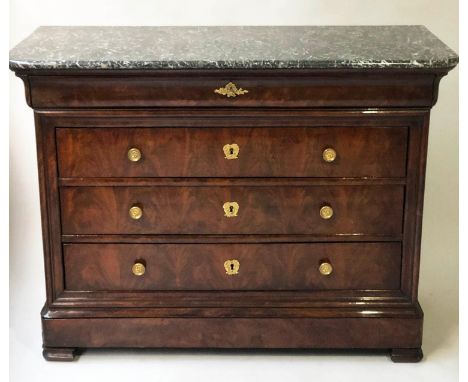 COMMODE, 19th century French Louis Philippe flame mahogany and gilt metal mounted with marble top above five long drawers, 13