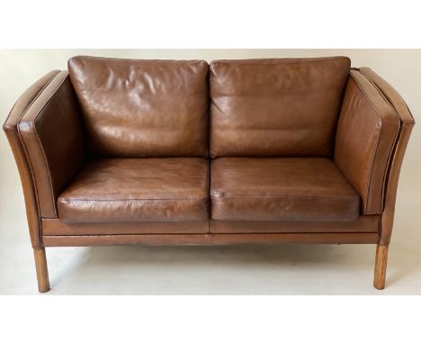 SOFA, teak, 1970's Danish style grained tan leather with two cushion seat and back, 150cm W. 