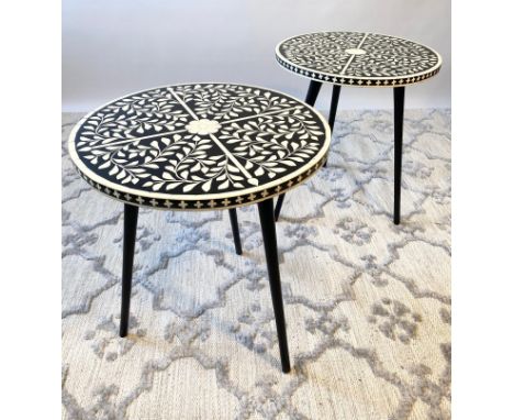 LAMP TABLES, a pair, Moorish design inlaid tops on tripod metal legs, 47cm H x 41cm x 41cm. (2) 