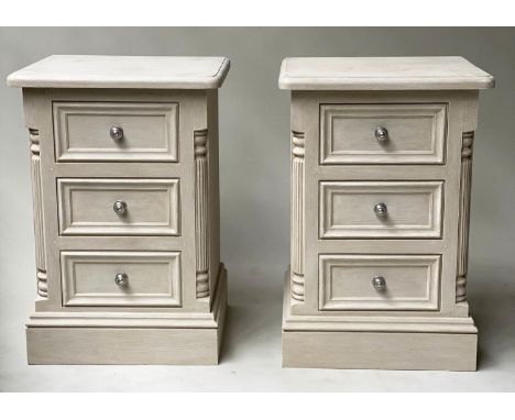 BEDSIDE CHESTS, a pair, French style grey painted, each with three drawers, 49cm x 47cm x 76cm H. (2) 