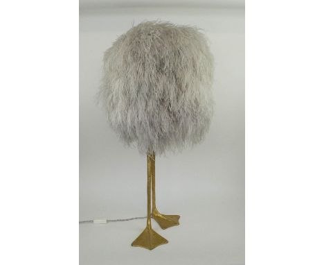 PORTA ROMANA DUCK FEET TABLE LAMP, decayed gold finish with ostrich feather shade, 85cm H. 