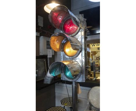 WESTINGHOUSE BRAKE AND SIGNAL CO TRAFFIC LIGHT FLOOR LAMP, vintage 20th century English repurposed on stand, 213cm H. 