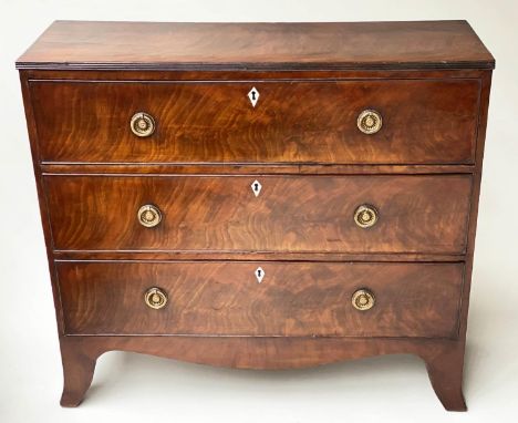 HALL CHEST, Regency flame mahogany of adapted shallow proportions with three long drawers, 101cm x 90cm H x 34cm. 