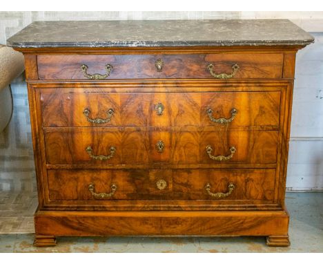 COMMODE, Napoleon III walnut, the grey marble top over four drawers, 131cm x 57cm x 101cm H. (restorations) 