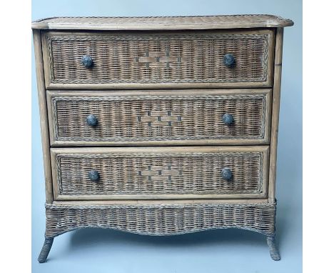 CHEST, vintage bamboo, rattan and cane bound, two tone with three long drawers, 90cm W x 45cm D x 86cm H. 