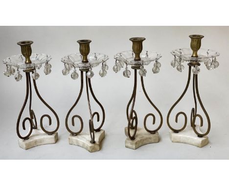 TABLE CANDELABRA, a set of four, French 19th century scroll gilt metal, marble and drop crystal, 32cm H x 14cm. (4) 
