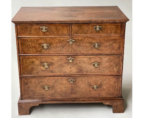 CHEST, early 18th century English Queen Anne figured walnut with two short and three long drawers, 98cm x 55cm x 90cm H. 