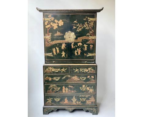 CABINET ON CHEST, 20th century dark green lacquer, gilt metal mounted and Chinoiserie decorated in two parts with a pair of d