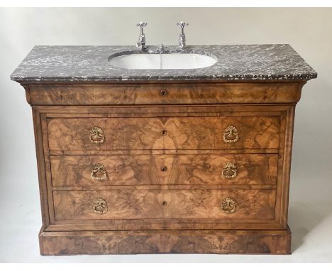COMMODE/WASHSTAND, 19th century French Louis Philippe burr walnut, the marble top with inset new wash basin and taps above a 