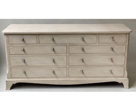 LOW CHEST, George III design, traditionally grey painted with nine drawers, 49cm D x 74cm H x 152cm W. 
