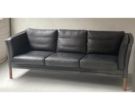 DANISH SOFA, teak, three seater with black grained piped leather upholstery, 210cm W. 