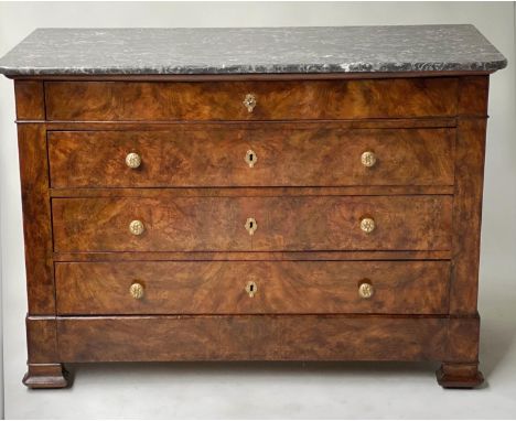 COMMODE, early 19th century French Charles X burr walnut with marble top above four long well figured drawers, 131cm x 55cm x