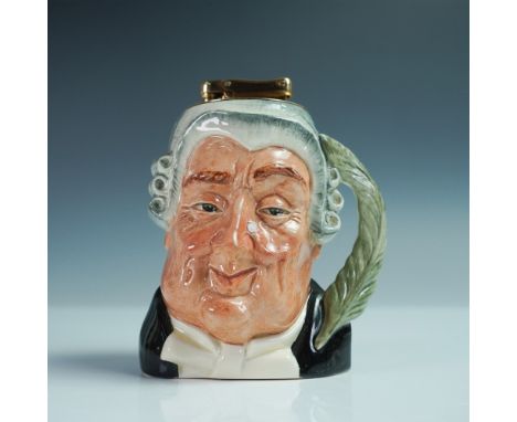 This Royal Doulton character jug table lighter, titled The Lawyer, features a distinguished barrister with a powdered wig and