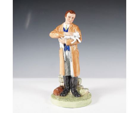Fine china figurine from the Professions series. It depicts a veterinarian in a brown overcoat holding a small white lamb, st