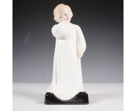 Fine bone china figurine is part of the Child Study series. The piece features a young child dressed in a long nightgown, sta