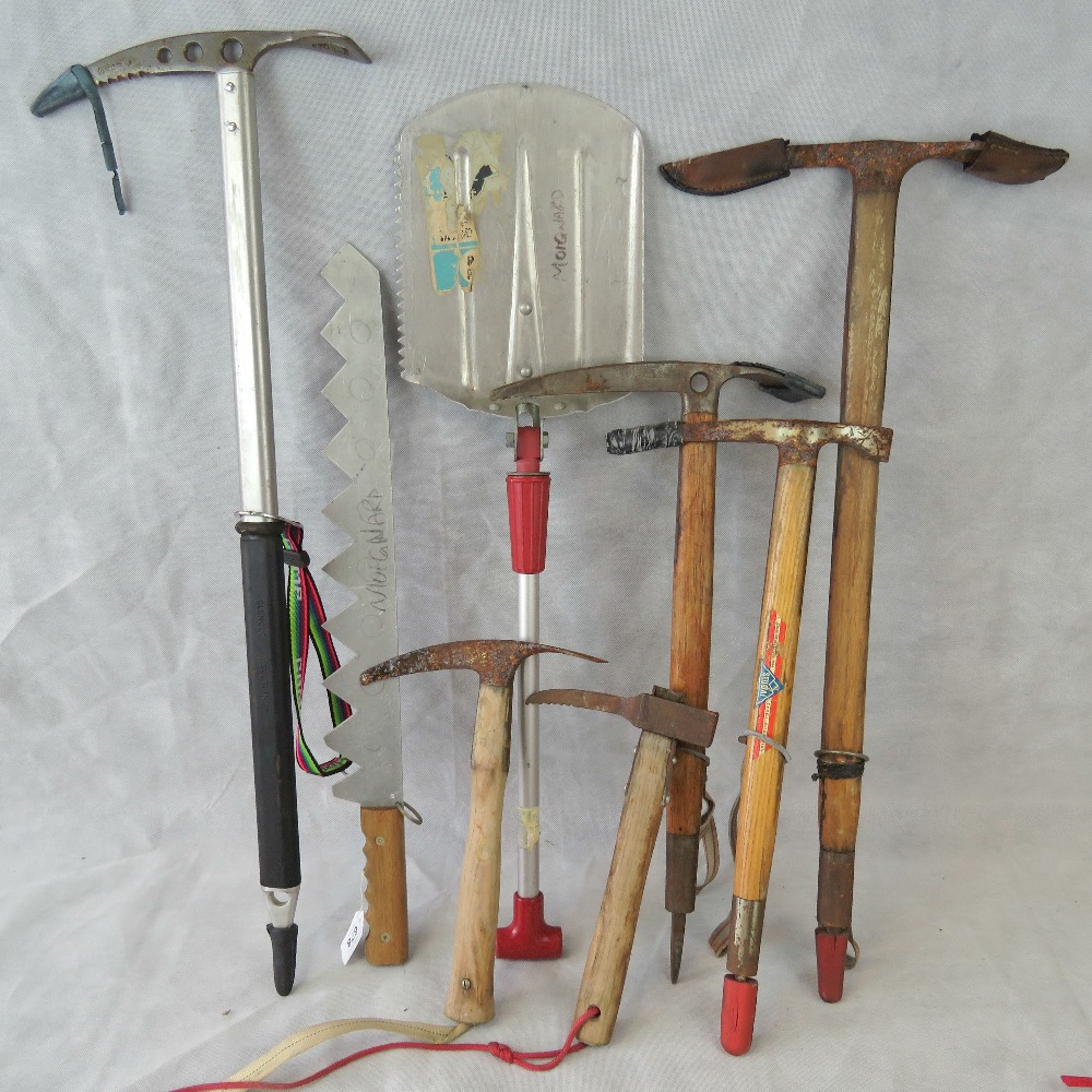 An interesting selection of vintage snow climbing equipment including