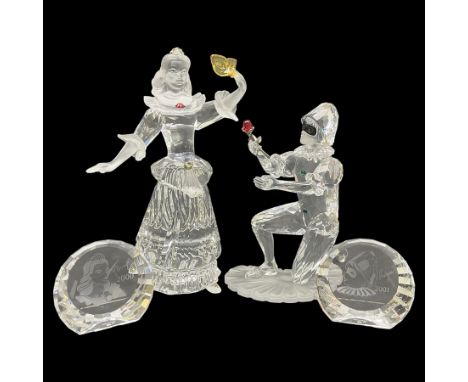 Two Swarovski Figures from the Masquerade collection, comprising Harlequin and Columbine, and a crystal plaque, tallest H17cm