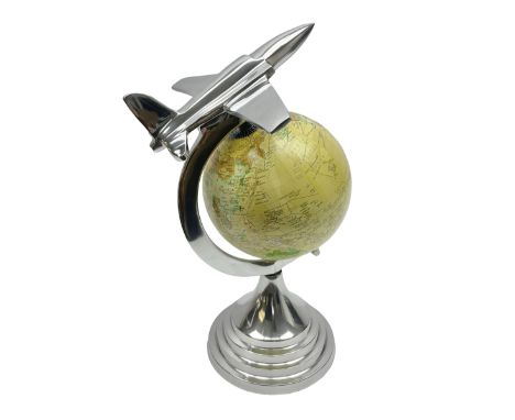 Art Deco style world globe with chrome aeroplane finial and mounts, H31cm