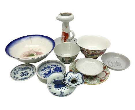Collection of Chinese ceramics, to include enamelled footed bowl, decorated with a dragon and bird, blue and white dish with 