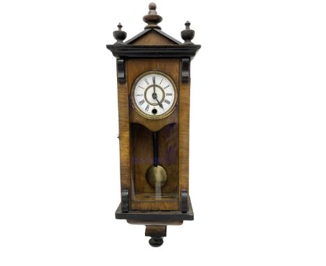 German - miniature 8-day timepiece wall clock in a walnut and ebonised case, with a gable pediment and finials, fully glazed 