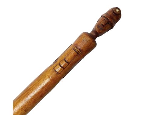 Wooden walking stick, the handle carved with miner's head, L95cm