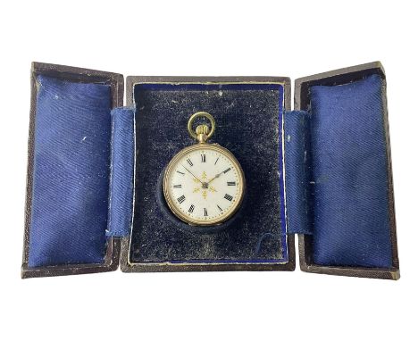 9ct gold ladies keyless lever fob watch, white enamel dial with Roman numerals, stamped 9K, in fitted case, Condition Report: