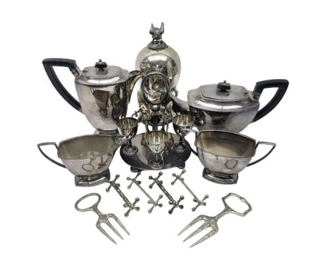 Silver-plated egg coddler, with nesting bird finial, together with other silver-plated items comprising four piece tea servic