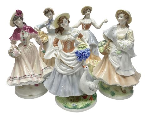 Five Royal Worcester figures, comprising Market Day, Noelle, Bakers Wife, Goose Girl and Fruit Picking, all with printed mark