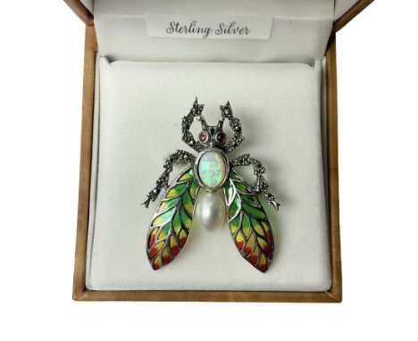 Silver plique-a-jour, marcasite, opal and pearl bug brooch, stamped 925, boxed