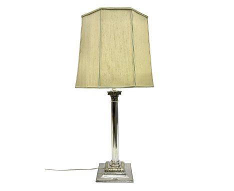 Silver plated Corinthian column table lamp, with moulded scroll and foliate details, upon on a stepped square base, with an o