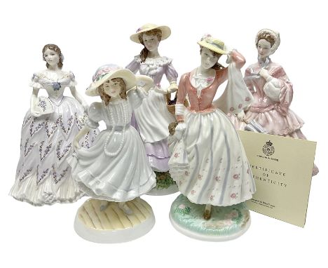 Five Royal Worcester figures, comprising Autumn, Sunday Best with certificate of authentication, Grandma's Bonnet, Walking-ou