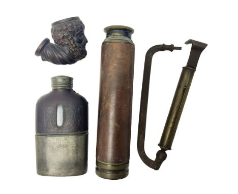 Early 20th century brass and leather three-draw telescope by J.T. Coppack Ltd London; continental smoking pipe bowl as a Bacc
