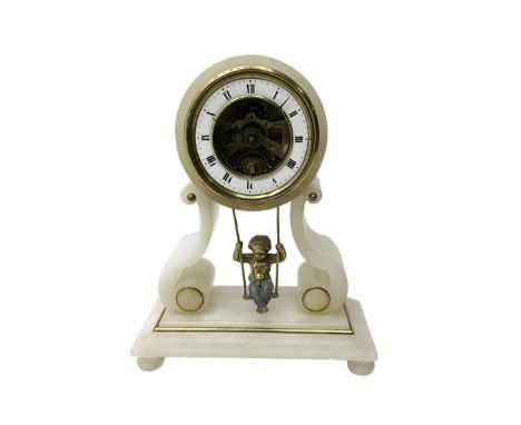 French - late 19th century "Swinging Cherub" 8-day timepiece mantle clock, in a white alabaster case with a drum movement sup