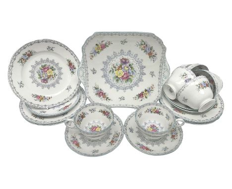 Shelly Crochet pattern tea set, comprising six cups and saucers, six dessert plates and one cake plate