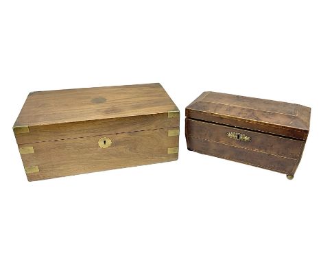 19th century burr yew wood tea caddy, of sarcophagus form, with strung details and brass mounts, the interior split into thre