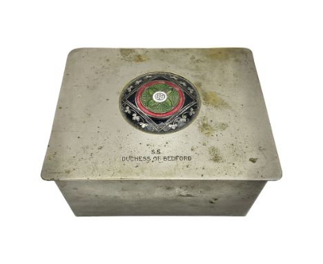 Early 20th century silver plated cigarette box, of rectangular form, the hinged cover with circular, black red and green flor