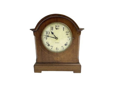 American - 8-day mahogany cased mantle clock by the Gilbert Clock Company c1910, break arch top, canted corners with inlay to