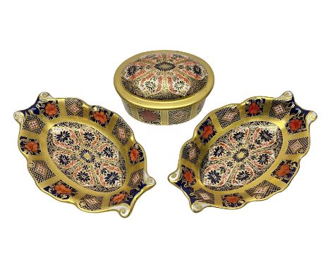 Royal Crown Derby Imari pair of oval pin dishes and covered trinket box, decorated in the 1128 pattern, with printed makers m