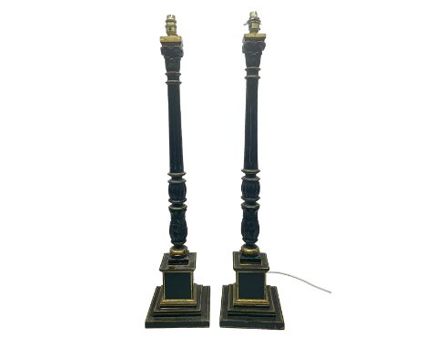 Pair of early 20th century wooden Corinthian column table lamp bases, with moulded scroll and foliate decoration, painted bla