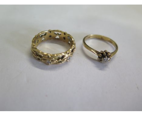 A 14ct yellow gold diamond ring marked 14K, size R, and a 9ct diamond solitaire ring, size O, approx 2.2 grams, both generall