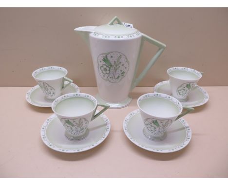 A Shelley part tea service with triangular handles 4 cups 4 saucers and a coffee pot - some crazing to all, some staining 