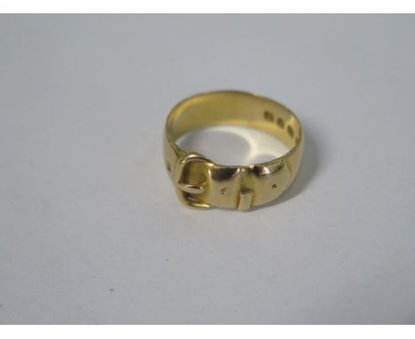 A hallmarked 18ct yellow gold belt buckle ring, size Q, approx 6.6 grams, generally good condition