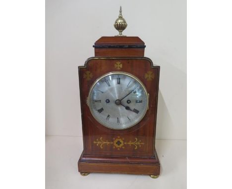 A 19th century bracket clock, mahogany case with brass inlay 8 day movement, twin fusee movement, strikes on gong, running in