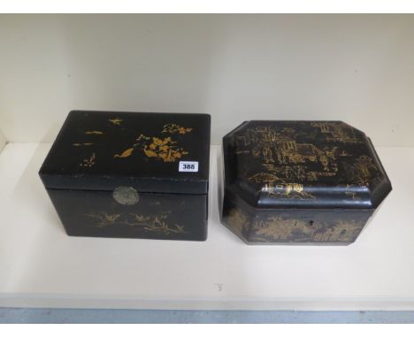 An Oriental black lacquered tea caddy, 18cm tall x 28cm x 18cm, and an octagonal lacquered box, both with some losses and tou