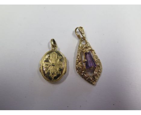 A hallmarked 9ct yellow gold Amethyst pendant 3.5cm, approx 3.8 grams and an 18ct locket, approx 2.7 grams, both generally go