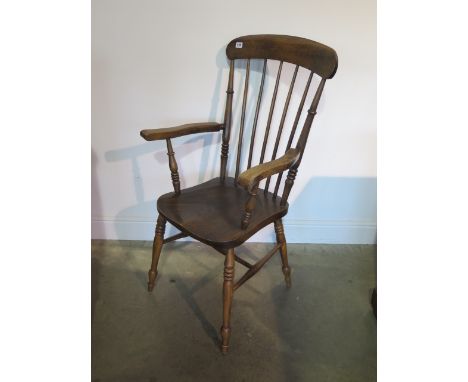 A Victorian ash and elm stick back grandfather chair, 113cm tall x 59cm wide 