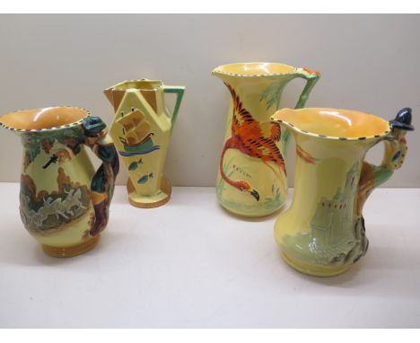 Four Burleigh ware pottery jugs; Pied Piper, 22cm tall; Dick Turpin, 20cm tall, one relief moulded with a stork, 24cm tall; t