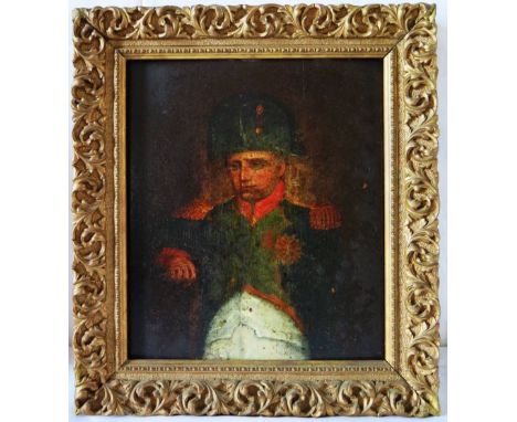 Portrait of Napoleon Buonaparte, 19th Century French School, oil on panel, titled verso, 29 x 24 cm, in gilt gesso frame