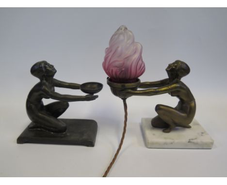 An Art Deco Spelter Figural Lamp in the form of a lady and one similar, 14cm high