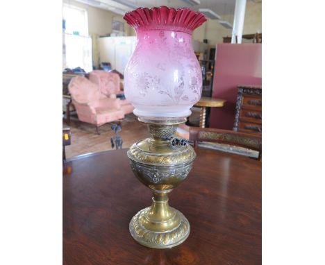 A Good Victorian Brass Paraffin Lamp with Engraved Cranberry Glass Shade, 51cm